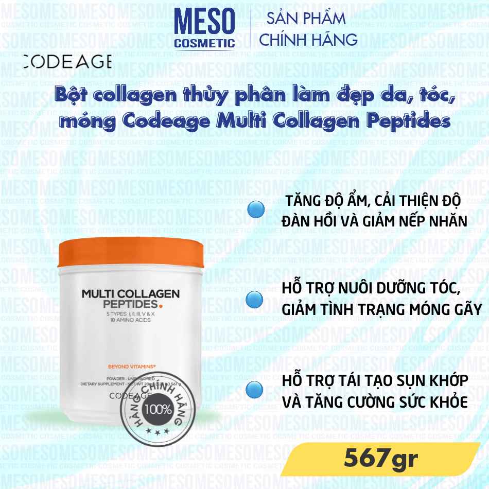 Bột collagen thủy phân làm đẹp da, tóc, móng Codeage Multi Collagen Peptides