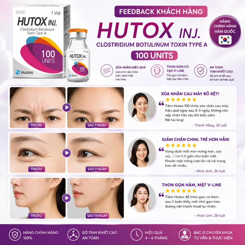 Botox Hutox 100 Units Hàn Quốc Chính Hãng- Botulinum Toxin Type A Hỗ Trợ Xóa Nhăn, Thon Gọn Hàm