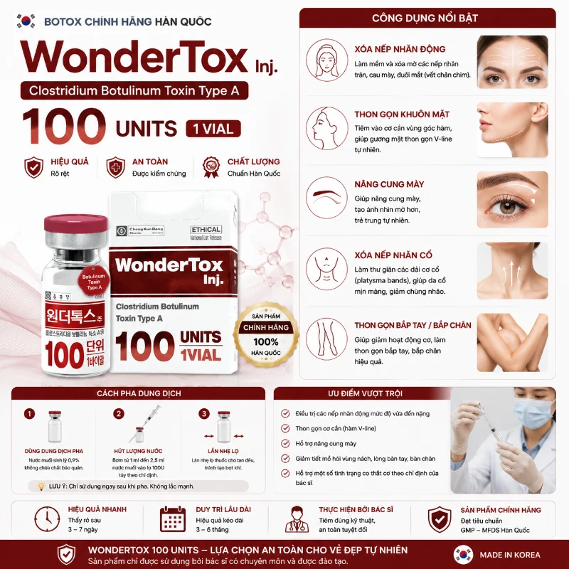 Tinh Chất Wondertox 100 Units - Botulinum Toxin Type A Hỗ Trợ Xóa Nhăn, Thon Gọn Hàm, Bắp Tay & Bắp Chân
