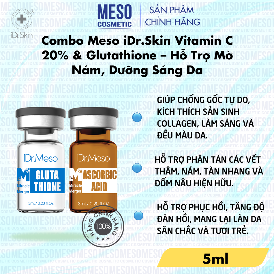 Combo Meso iDr.Skin Vitamin C 20% & Glutathione – Hỗ Trợ Mờ Nám, Dưỡng Sáng Da