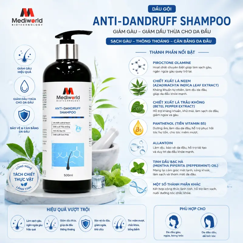 Dầu Gội Giảm Gàu, Giảm Dầu Thừa Cho Da Đầu Anti-Dandruff Shampoo Mediworld 500ml