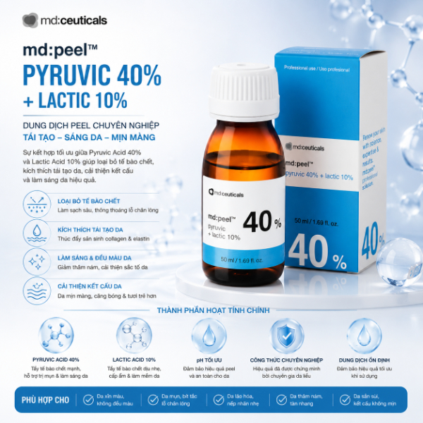 Dung dịch peel chống lão hóa, mụn cấp độ 3,4 Md:Ceuticals Md:Peel Pyruvic 40%+Lactic 10%
