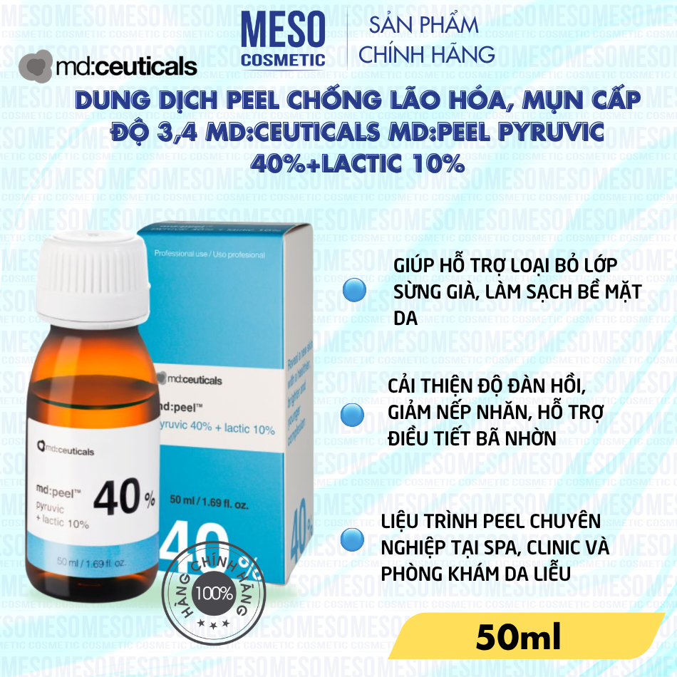 Dung dịch peel chống lão hóa, mụn cấp độ 3,4 Md:Ceuticals Md:Peel Pyruvic 40%+Lactic 10%