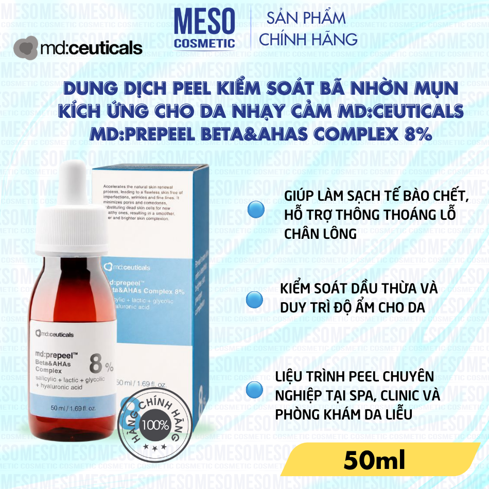 Dung dịch peel kiểm soát bã nhờn mụn kích ứng cho da nhạy cảm Md:Ceuticals Md:Prepeel Beta&Ahas Complex 8%