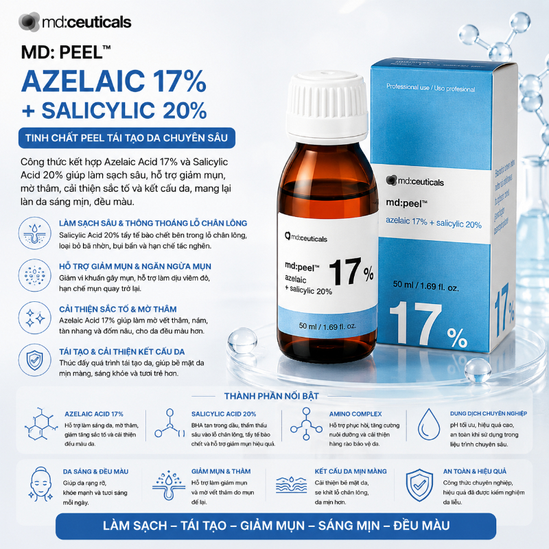 Dung dịch peel làm sáng da loại bỏ mụn cấp độ 1,2 Md:Ceuticals Md:Peel Azelaic 17%+Salicylic 20%