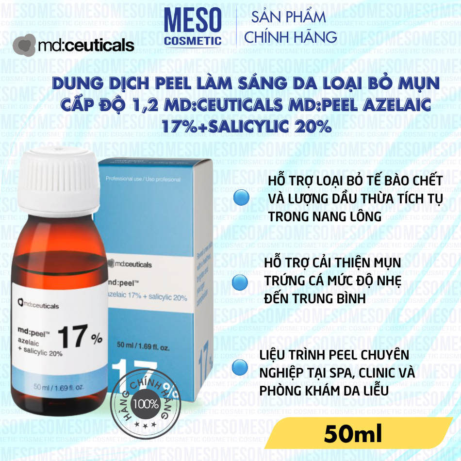 Dung dịch peel làm sáng da loại bỏ mụn cấp độ 1,2 Md:Ceuticals Md:Peel Azelaic 17%+Salicylic 20%