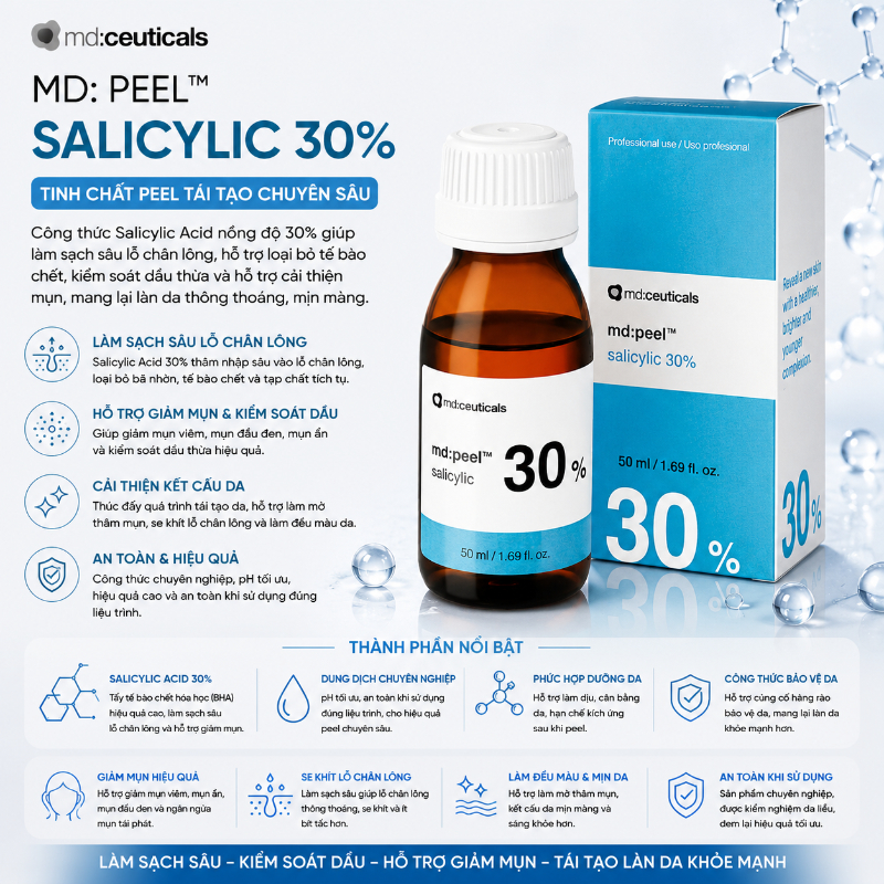 Dung dịch peel loại bỏ mụn sưng viêm cấp độ 3,4 Md:Ceuticals Md:Peel Salicylic 30%