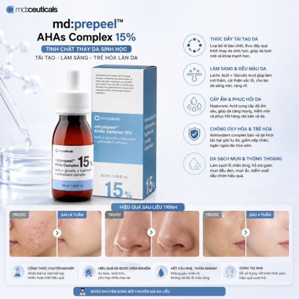 Dung dịch peel trắng sáng căng bóng da Md:Ceuticals Md:Prepeel Ahas Complex 15%