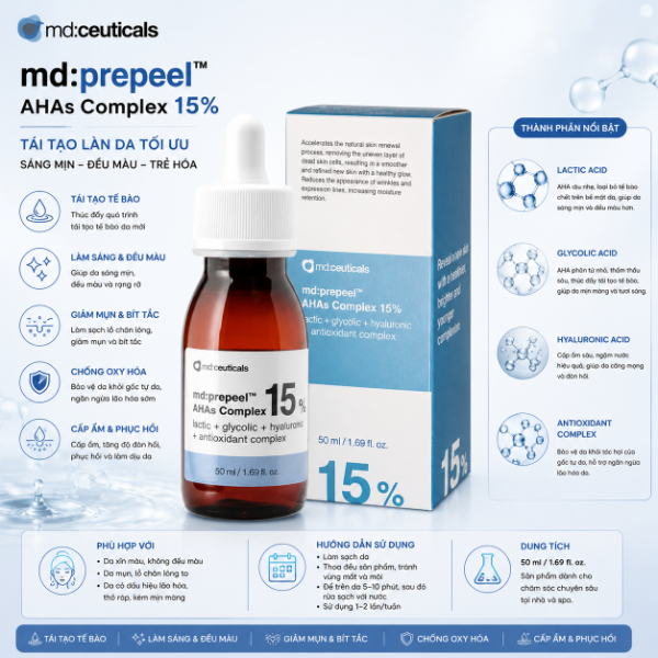 Dung dịch peel trắng sáng căng bóng da Md:Ceuticals Md:Prepeel Ahas Complex 15%