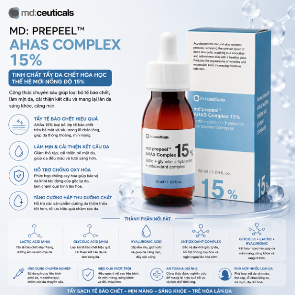 Dung dịch peel trắng sáng căng bóng da Md:Ceuticals Md:Prepeel Ahas Complex 15%