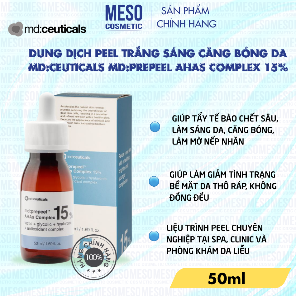 Dung dịch peel trắng sáng căng bóng da Md:Ceuticals Md:Prepeel Ahas Complex 15%