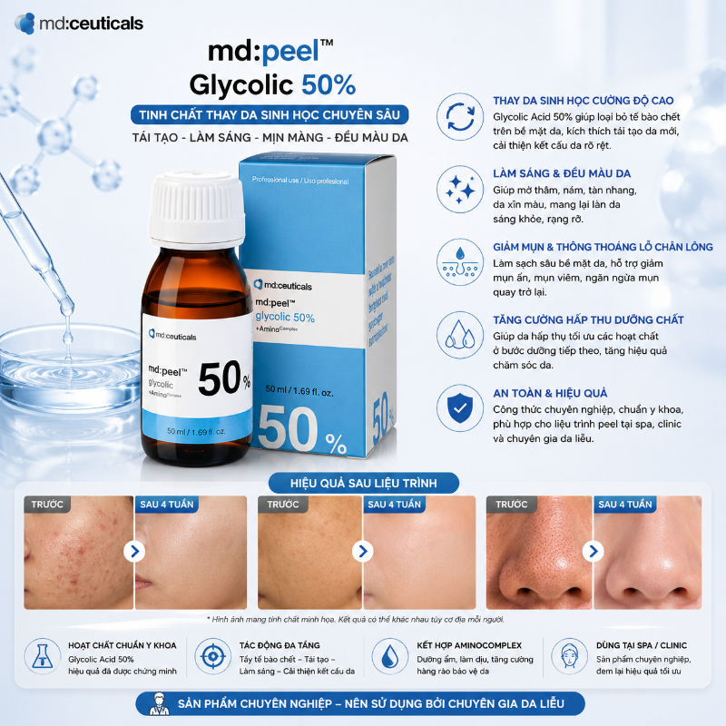 Dung dịch peel xóa nhăn trẻ hóa da Md:Ceuticals Md:Peel Glycolic 50%