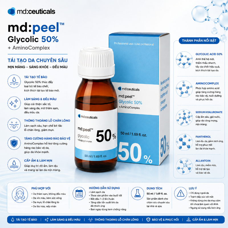 Dung dịch peel xóa nhăn trẻ hóa da Md:Ceuticals Md:Peel Glycolic 50%