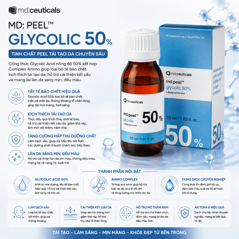 Dung dịch peel xóa nhăn trẻ hóa da Md:Ceuticals Md:Peel Glycolic 50%