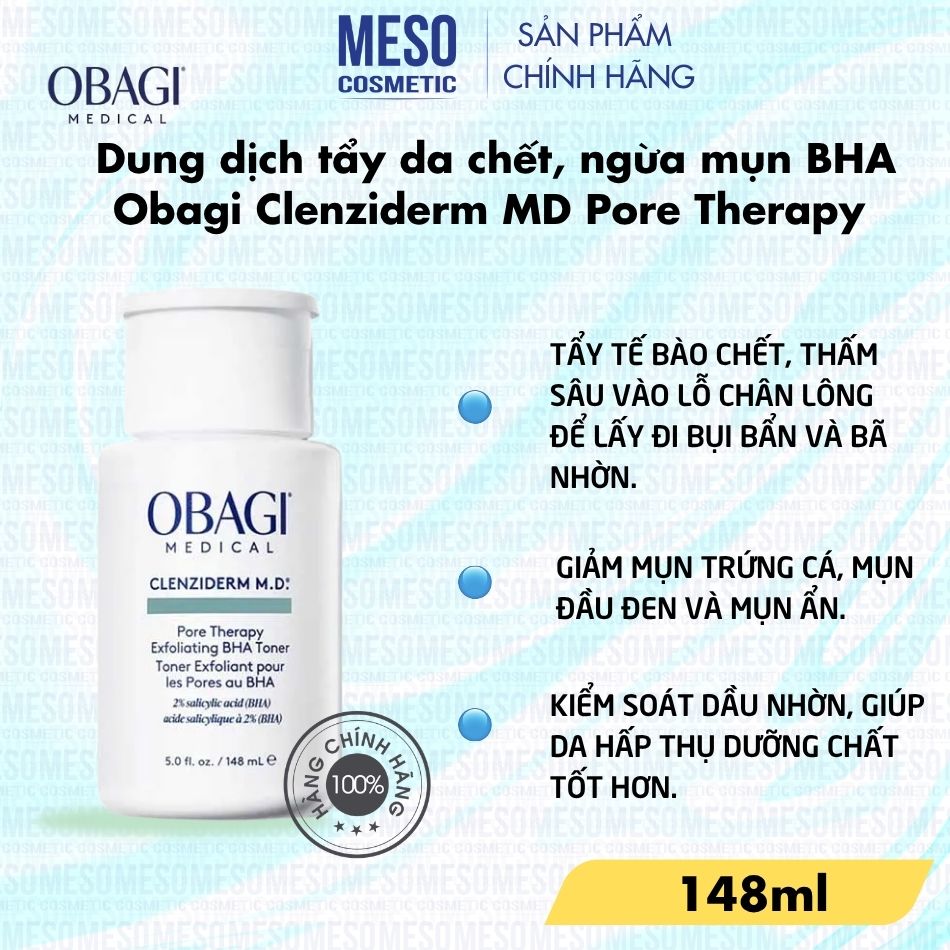 Dung dịch tẩy da chết, ngừa mụn BHA Obagi Clenziderm MD Pore Therapy 148ml