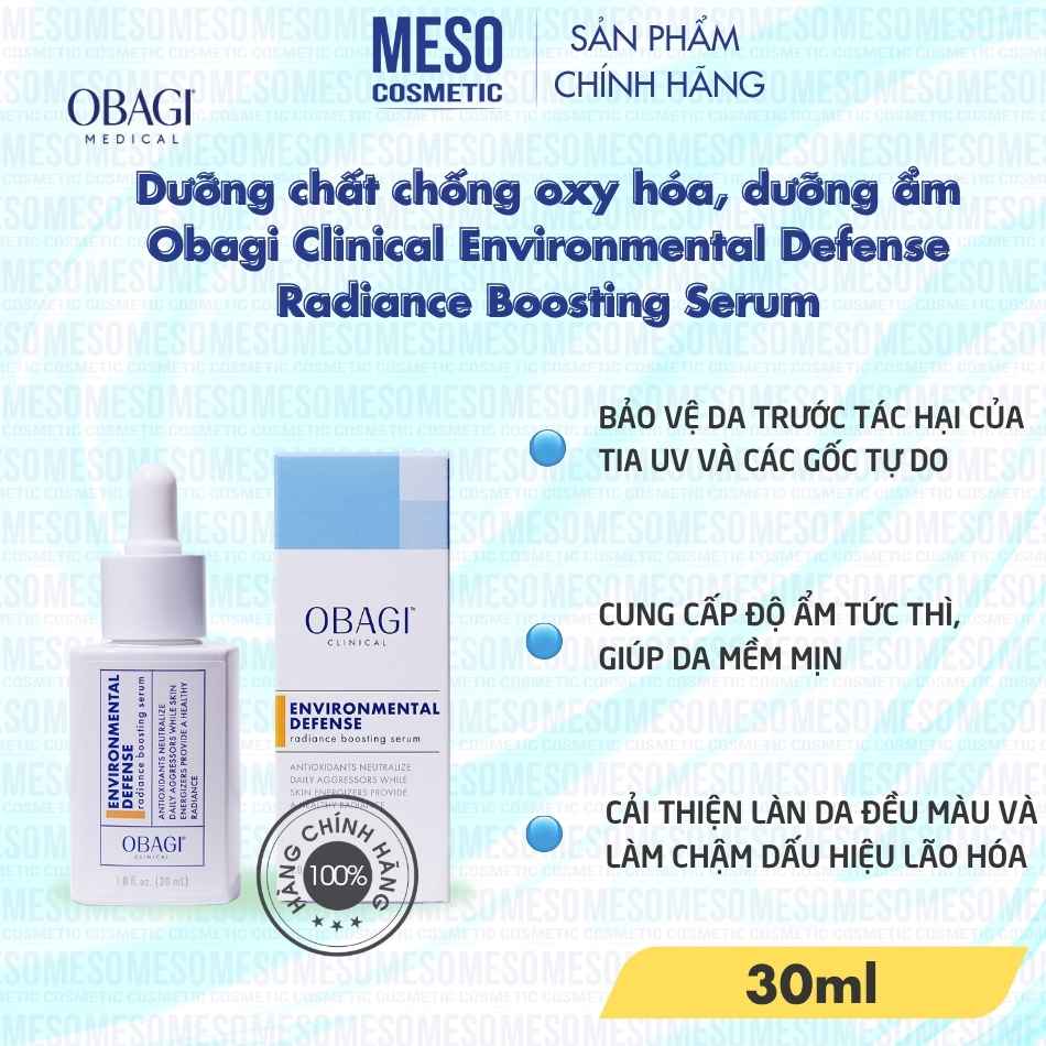 Dưỡng chất chống oxy hóa, dưỡng ẩm và hỗ trợ tăng độ rạng rỡ Obagi Clinical Environmental Defense Radiance Boosting Serum