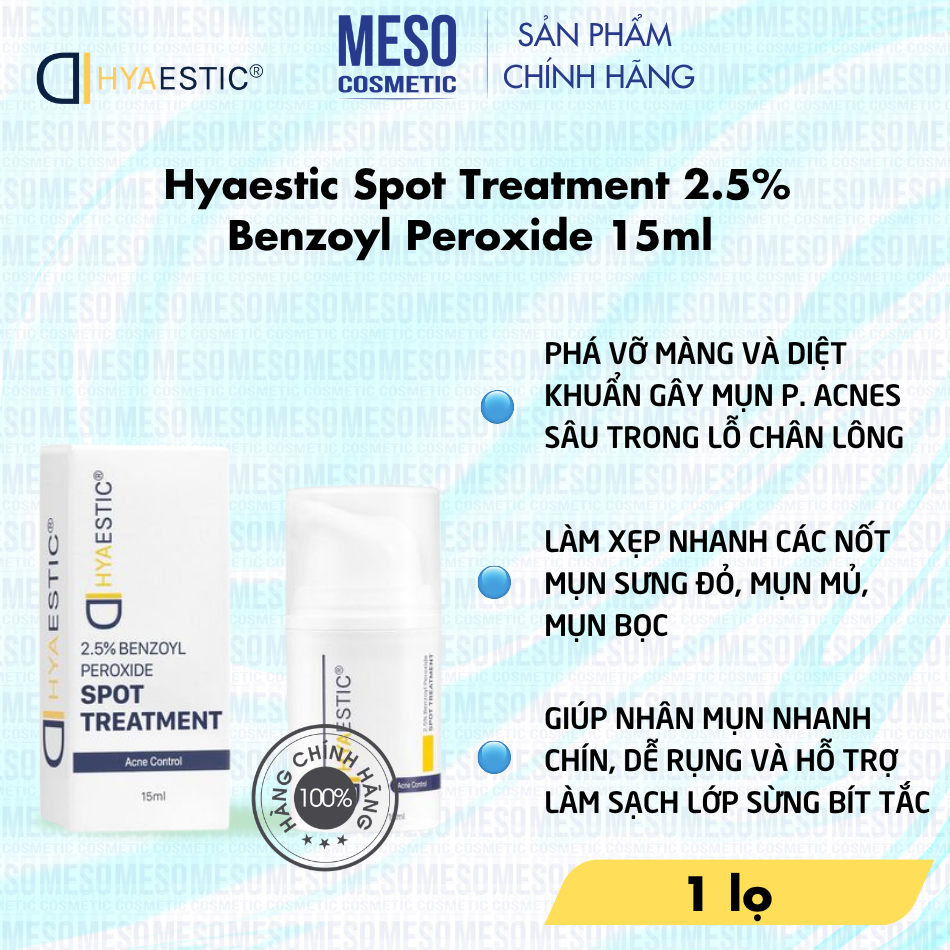 Gel Hỗ Trợ Giảm Mụn Sưng Viêm Hyaestic Spot Treatment 2.5% Benzoyl Peroxide 15ml Chính Hãng