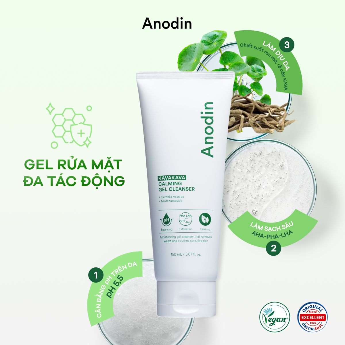Gel rửa mặt da dầu mụn, nhạy cảm pH 5.5 Anodin KAVA KAVA Calming Gel Cleanser