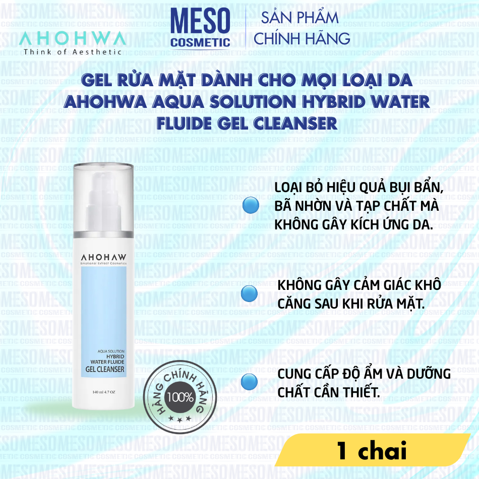 Gel rửa mặt dành cho mọi loại da Ahohwa Aqua Solution Hybrid Water Fluide Gel Cleanser