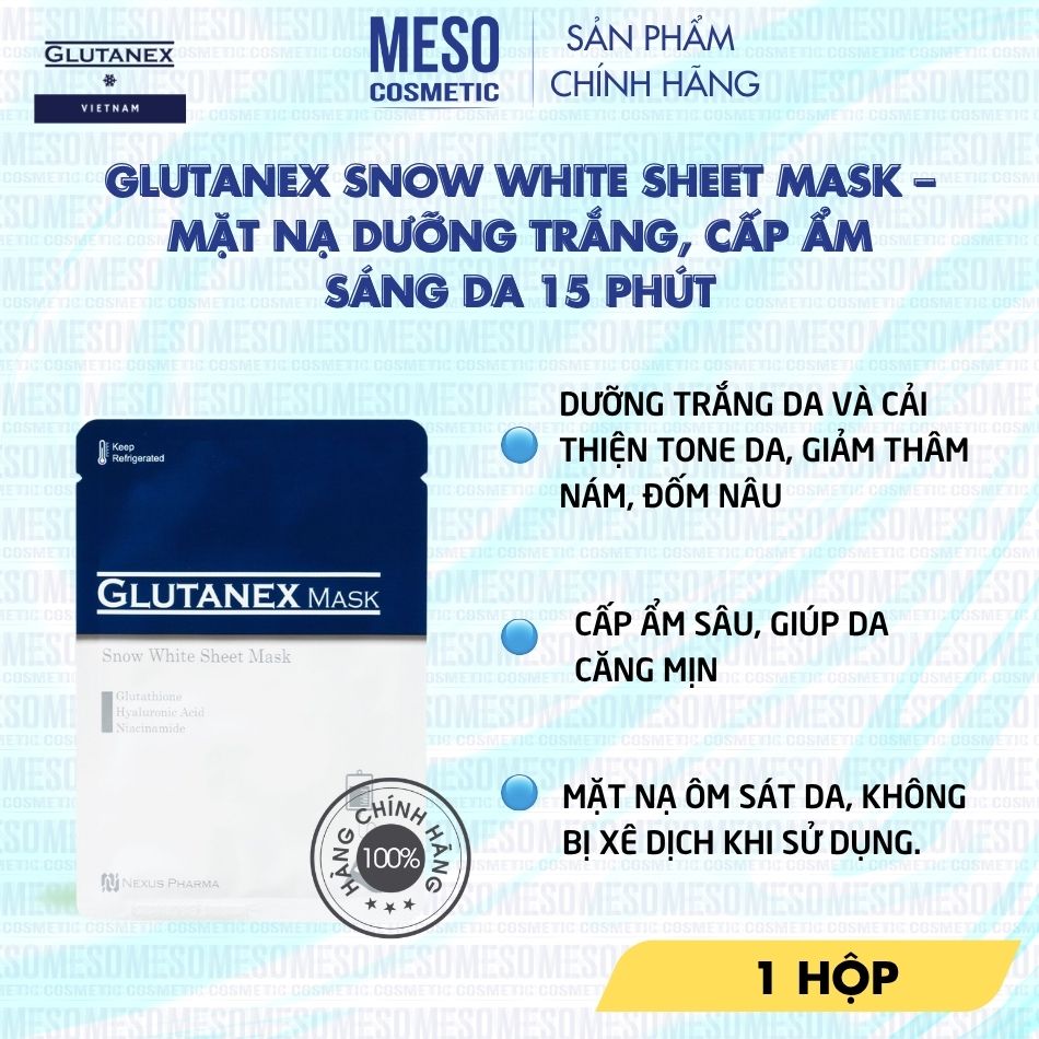 Mặt Nạ Dưỡng Trắng, Cấp Ẩm Sáng Da 15 Phút Glutanex Snow White Sheet Mask