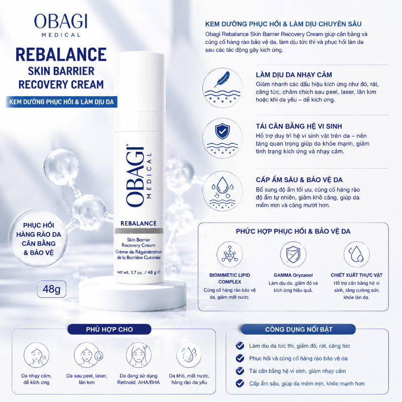 Kem Dưỡng Phục Hồi, Cân bằng hệ vi sinh, phục hồi hàng rào bảo vệ da Obagi Rebalance Skin Barrier Recovery Cream 48g