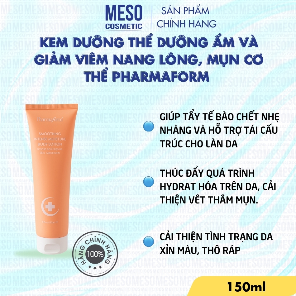 Kem Dưỡng Thể Dưỡng Ẩm Và Giảm Viêm Nang Lông, Mụn Cơ Thể Pharmaform Smoothing Intense Moisture Body Lotion 150ML