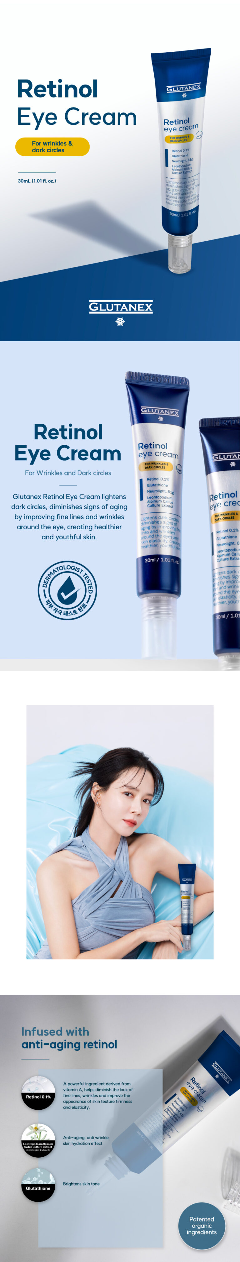 Kem Mắt Hỗ Trợ Cải Thiện Thâm, Giảm Nếp Nhăn & Trẻ Hóa Vùng Mắt Glutanex Glow Therapy Eye Cream 30ml Chính Hãng