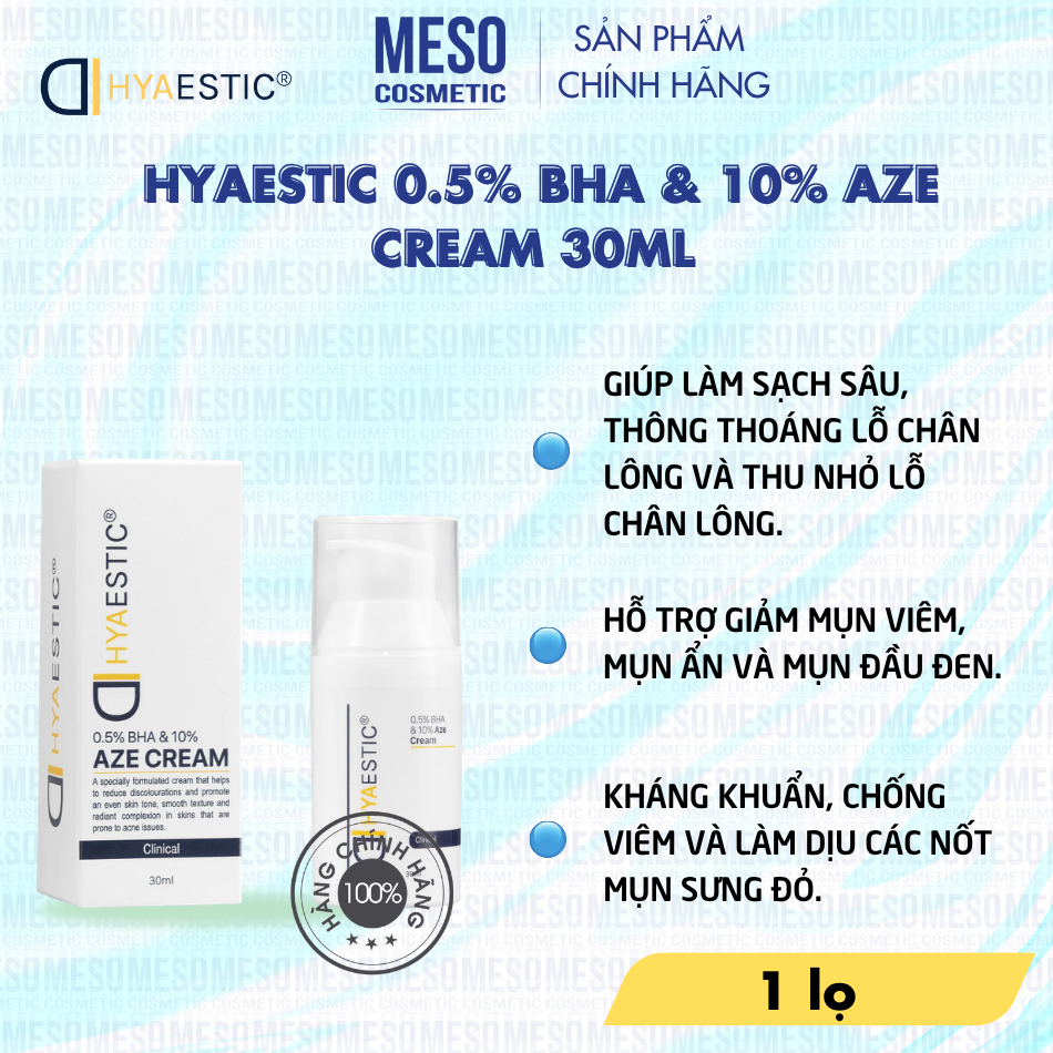 Kem Trẻ Hóa Da, Hỗ Trợ Giảm Mụn & Thu Nhỏ Lỗ Chân Lông Hyaestic 0.5% BHA & 10% Aze Cream 30ml Chính Hãng