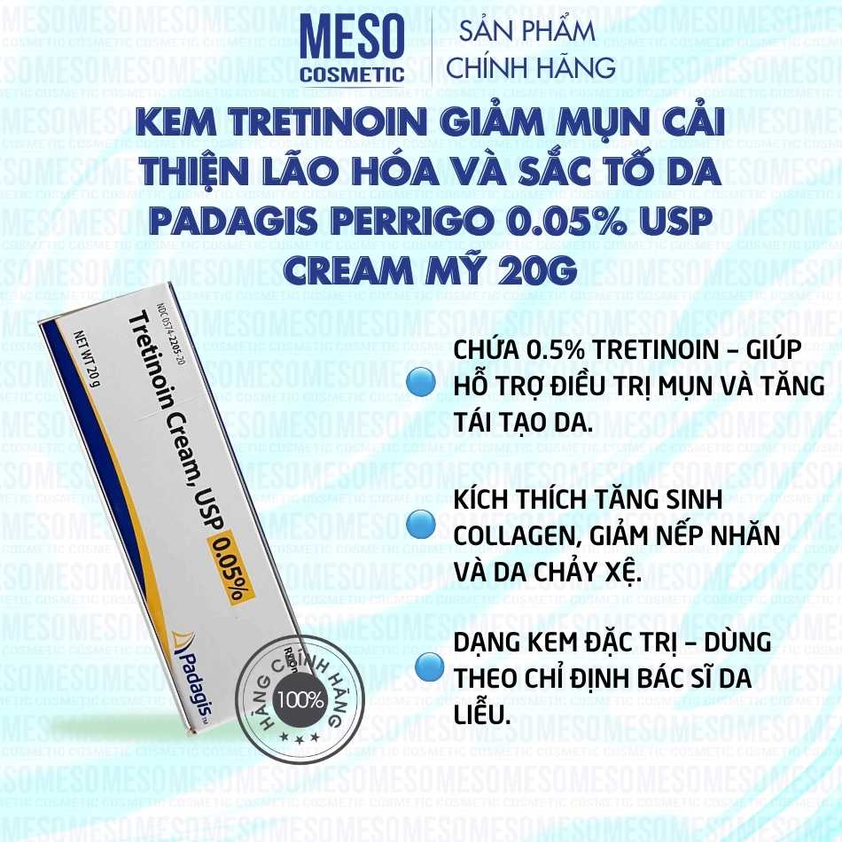 Kem Tretinoin giảm mụn cải thiện lão hóa và sắc tố da Padagis Perrigo 0.05% USP cream Mỹ 20g