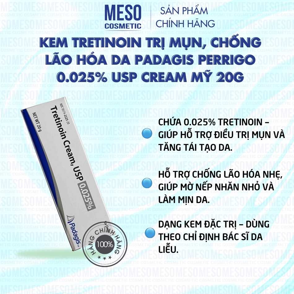 Kem Tretinoin trị mụn, chống lão hóa da Padagis Perrigo 0.025% USP cream Mỹ 20g