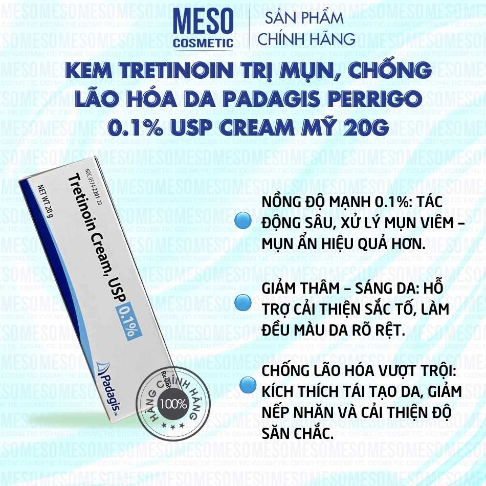 Kem Tretinoin trị mụn, chống lão hóa da Padagis Perrigo 0.1% USP cream Mỹ 20g