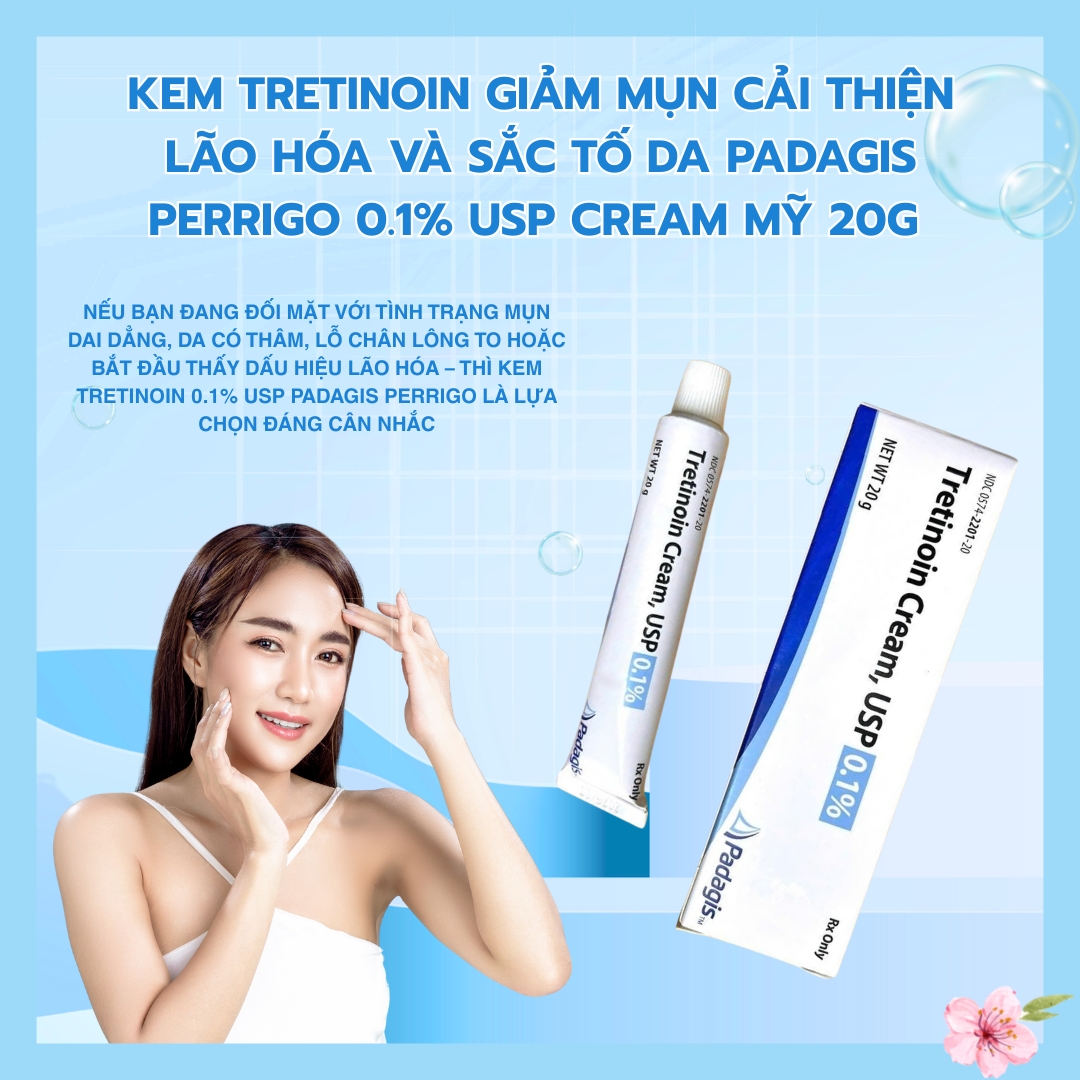 Kem Tretinoin trị mụn, chống lão hóa da Padagis Perrigo 0.1% USP cream Mỹ 20g