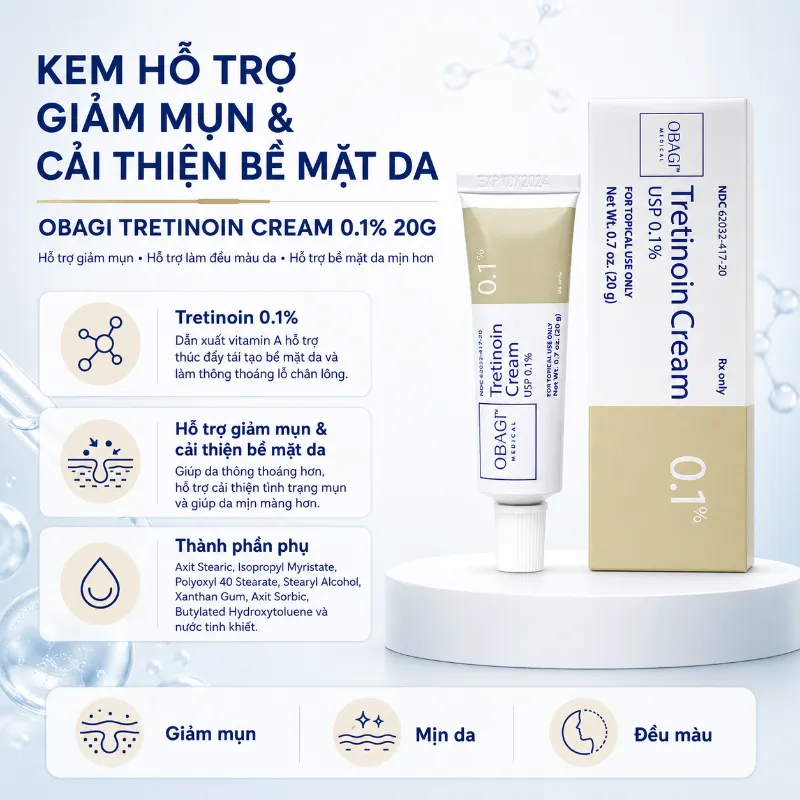Kem Hỗ Trợ Giảm Mụn, Cải Thiện Thâm Nám & Sắc Tố Da Obagi Tretinoin Cream 0.1% 20g Chính Hãng