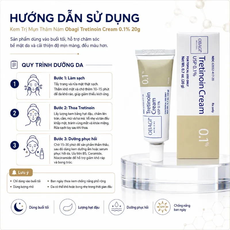 Kem Hỗ Trợ Giảm Mụn, Cải Thiện Thâm Nám & Sắc Tố Da Obagi Tretinoin Cream 0.1% 20g Chính Hãng