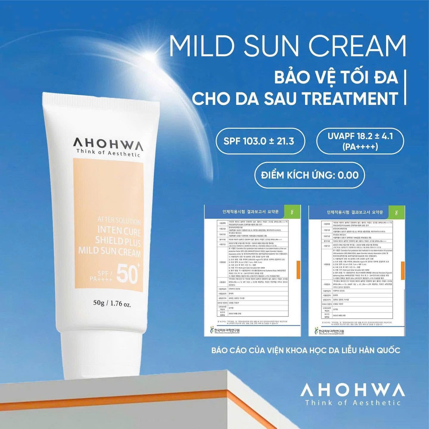 Kem chống nắng hiệu chỉnh sắc tố X5 bảo vệ da Ahohwa After Solution Inten Cure Shield Plus Mild Sun Cream SPF50+/Pa++++