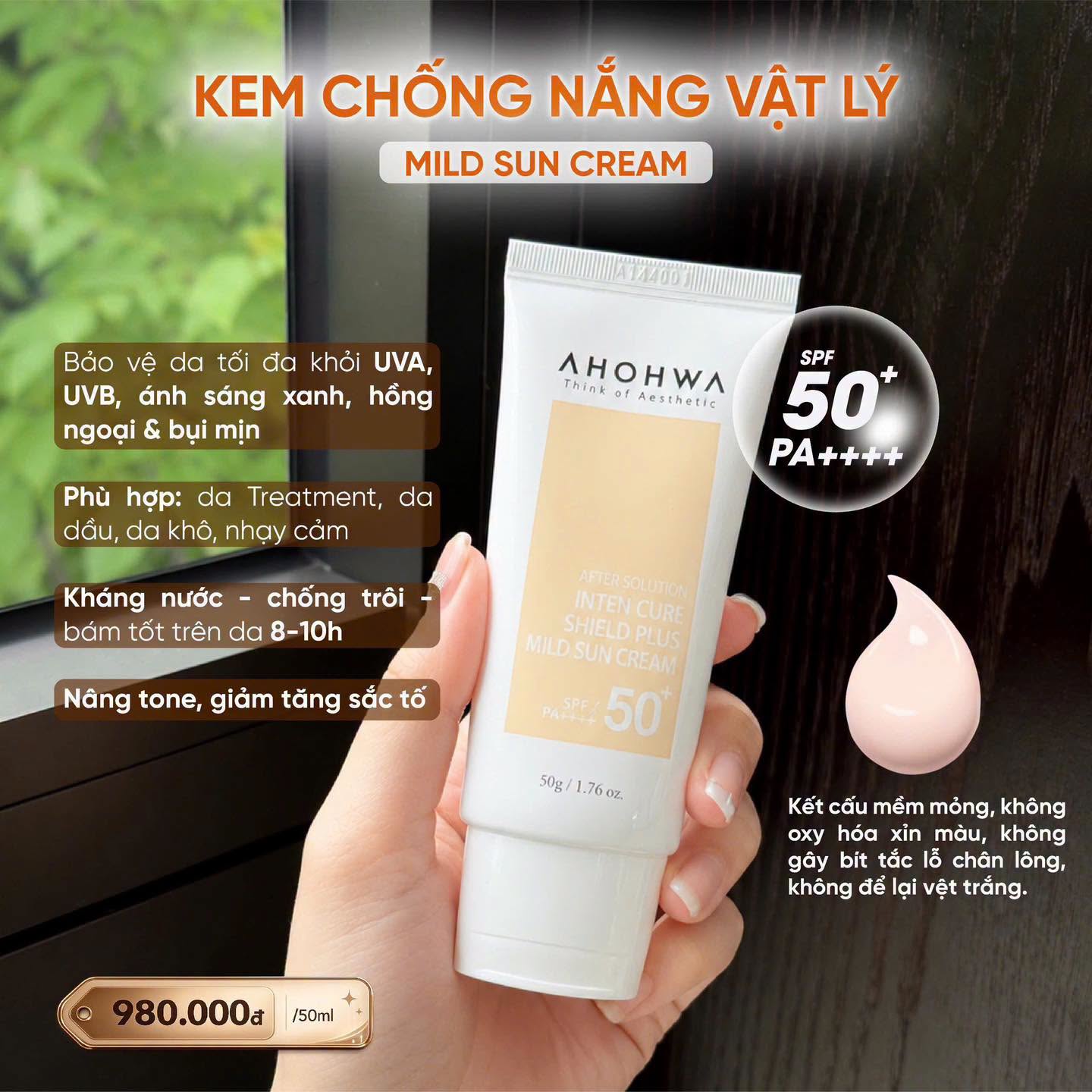 Kem chống nắng hiệu chỉnh sắc tố X5 bảo vệ da Ahohwa After Solution Inten Cure Shield Plus Mild Sun Cream SPF50+/Pa++++