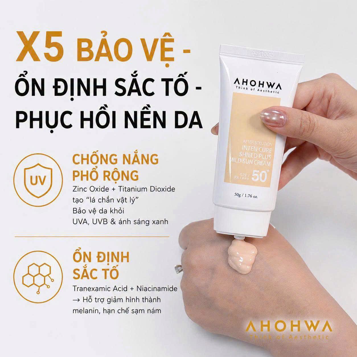 Kem chống nắng hiệu chỉnh sắc tố X5 bảo vệ da Ahohwa After Solution Inten Cure Shield Plus Mild Sun Cream SPF50+/Pa++++