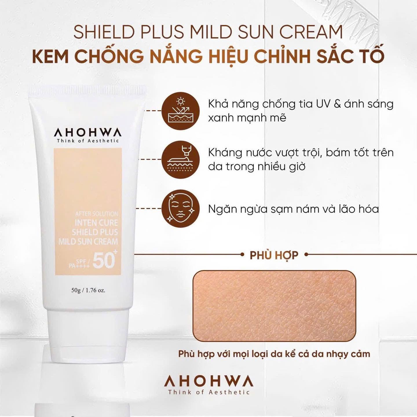 Kem chống nắng hiệu chỉnh sắc tố X5 bảo vệ da Ahohwa After Solution Inten Cure Shield Plus Mild Sun Cream SPF50+/Pa++++