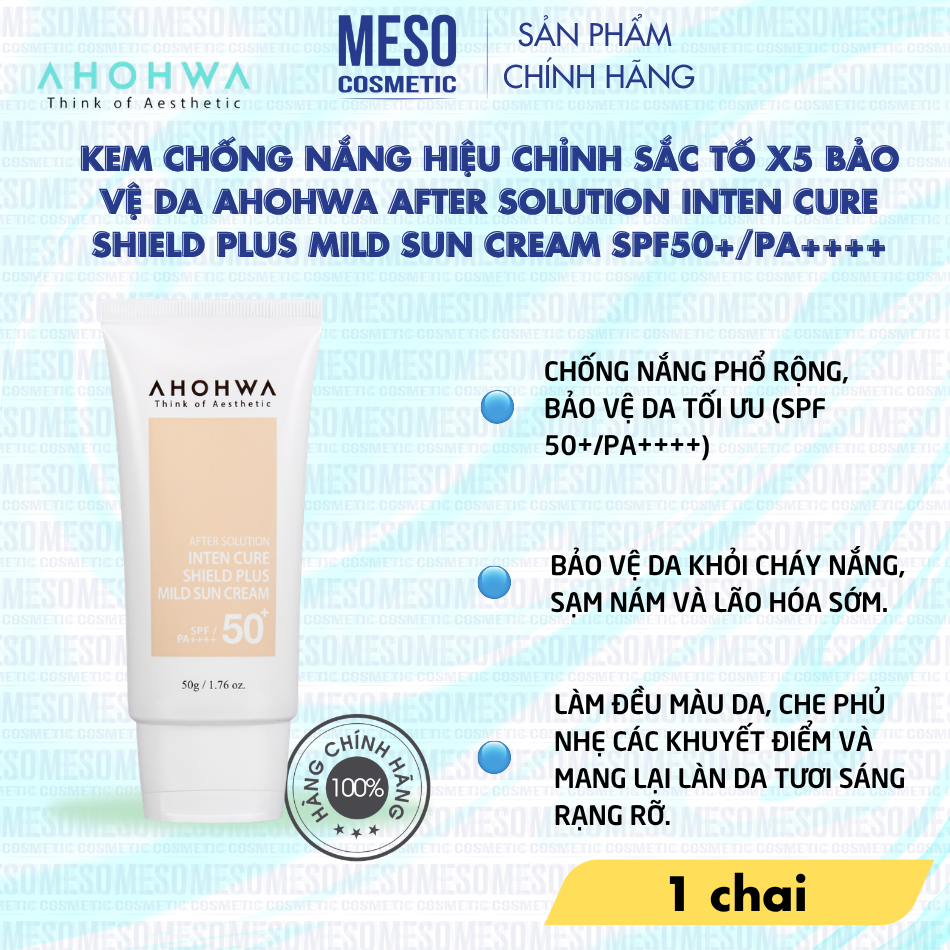 Kem chống nắng hiệu chỉnh sắc tố X5 bảo vệ da Ahohwa After Solution Inten Cure Shield Plus Mild Sun Cream SPF50+/Pa++++