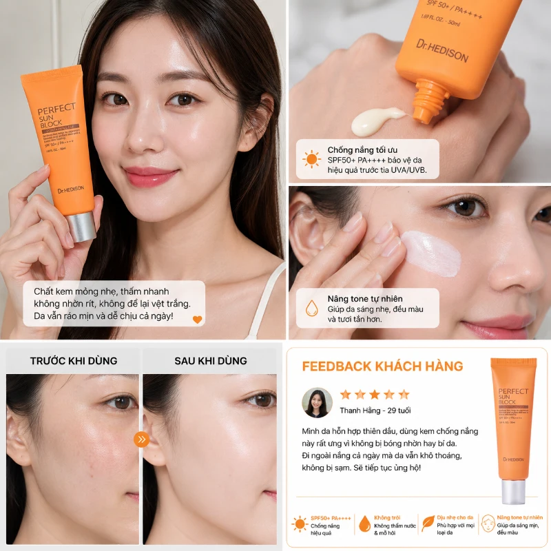 Kem chống nắng không trôi Dr.Hedison Perfect Sun Block SPF50+ PA++++ 50ml