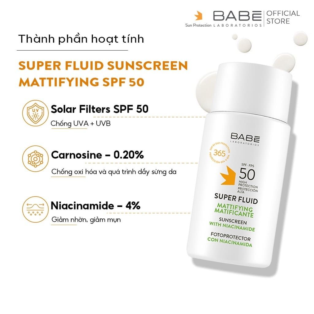 Kem chống nắng phổ rộng dành cho da khô BABE Super Fluid Sunscreen SPF50 50ml