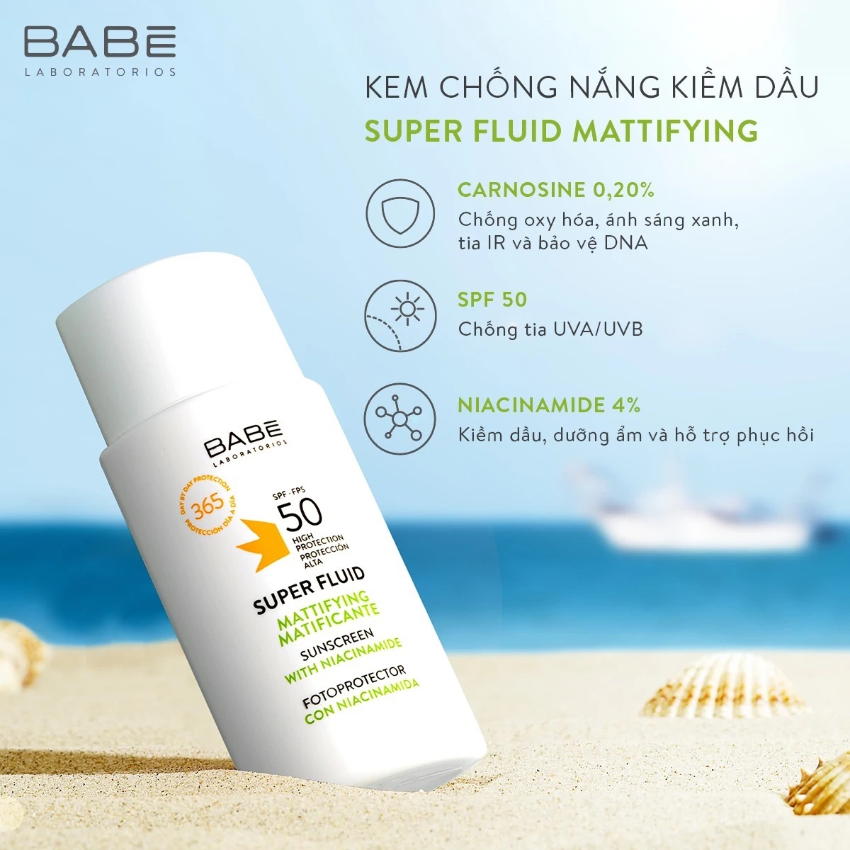 Kem chống nắng phổ rộng dành cho da khô BABE Super Fluid Sunscreen SPF50 50ml