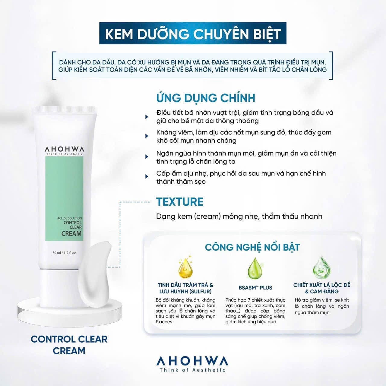 Kem dưỡng ẩm giảm mụn trứng cá Ahohwa Acless Solution Control Clear Cream