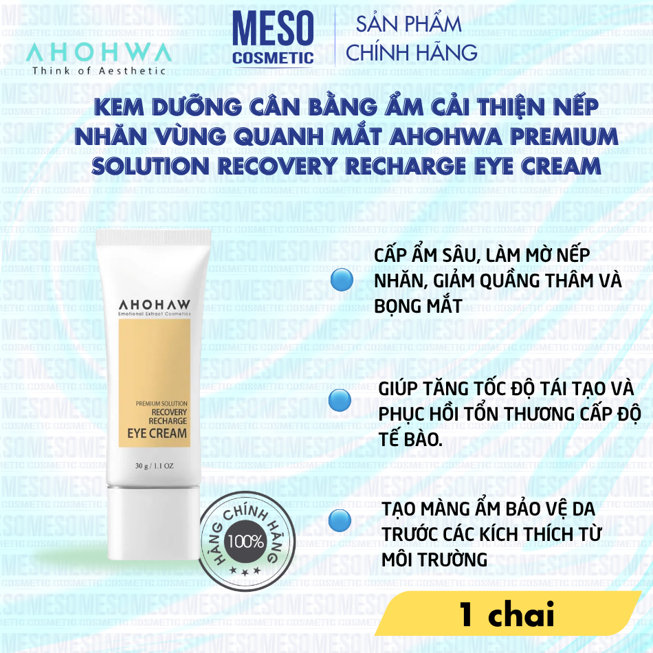 Kem dưỡng cân bằng ẩm cải thiện nếp nhăn vùng quanh mắt Ahohwa Premium Solution Recovery Recharge Eye Cream
