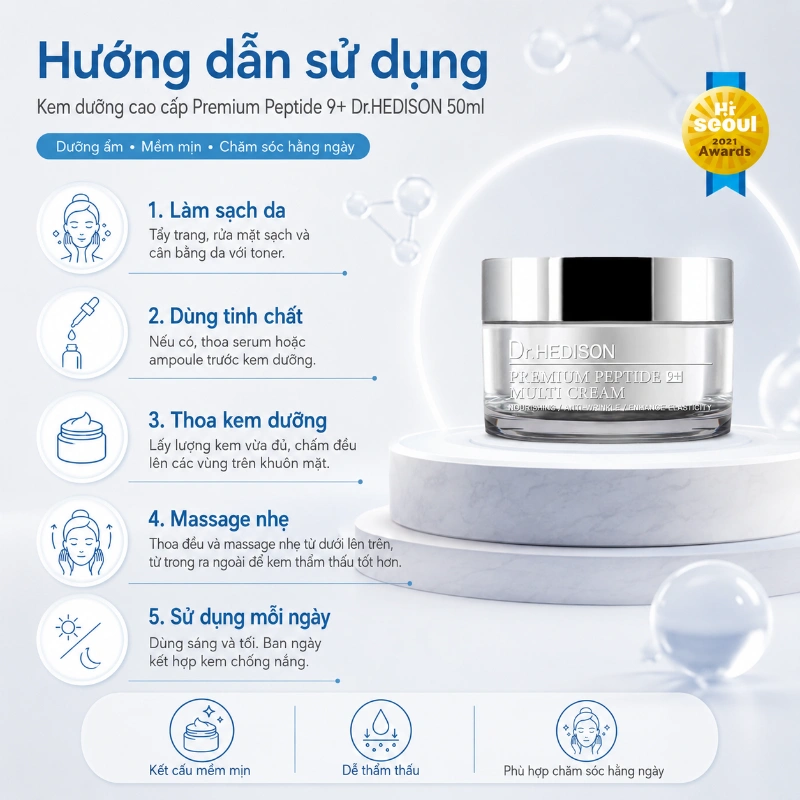 Kem dưỡng cao cấp chống lão hóa, giảm nếp nhăn, tăng đàn hồi da Premium Peptide 9+ Dr.Hedison 50ml