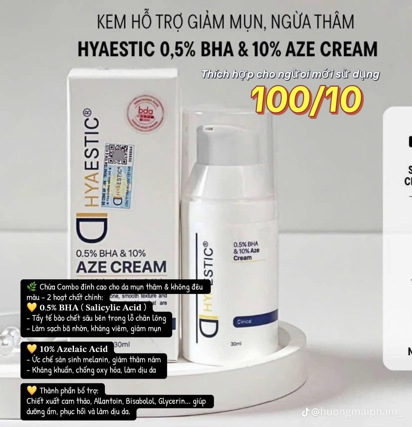 Kem dưỡng giảm sưng viêm mụn, làm sáng da Hyaestic 0,5% BHA & 10% Aze Cream