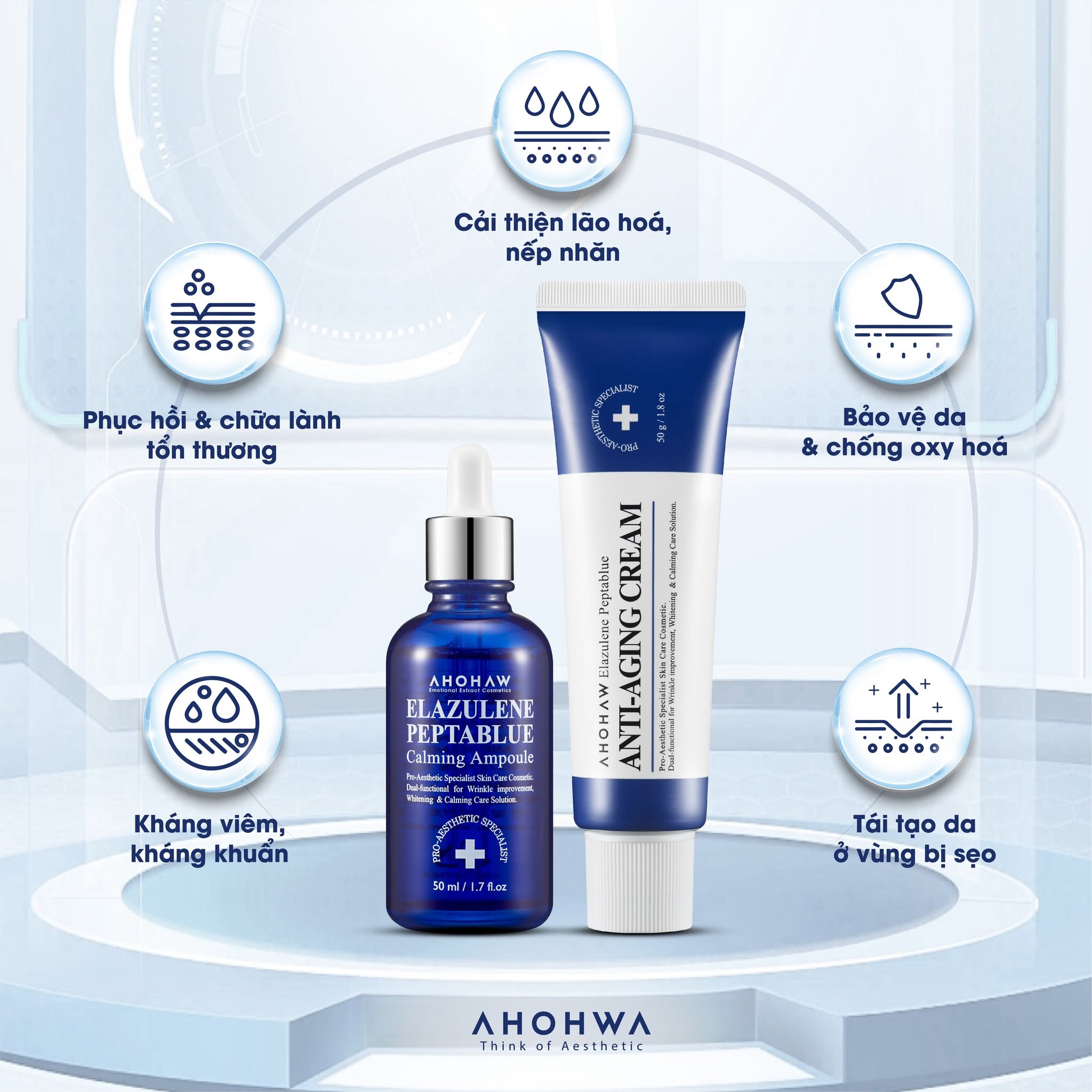 Kem dưỡng phục hồi trẻ hóa tế bào sinh học Ahohwa Elazulene Peptablue Anti-Aging Cream