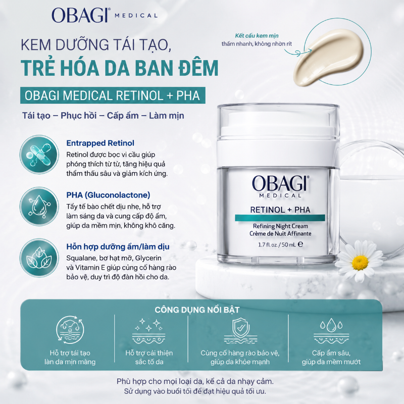 Kem dưỡng tái tạo & trẻ hóa da ban đêm Obagi Medical Retinol + PHA