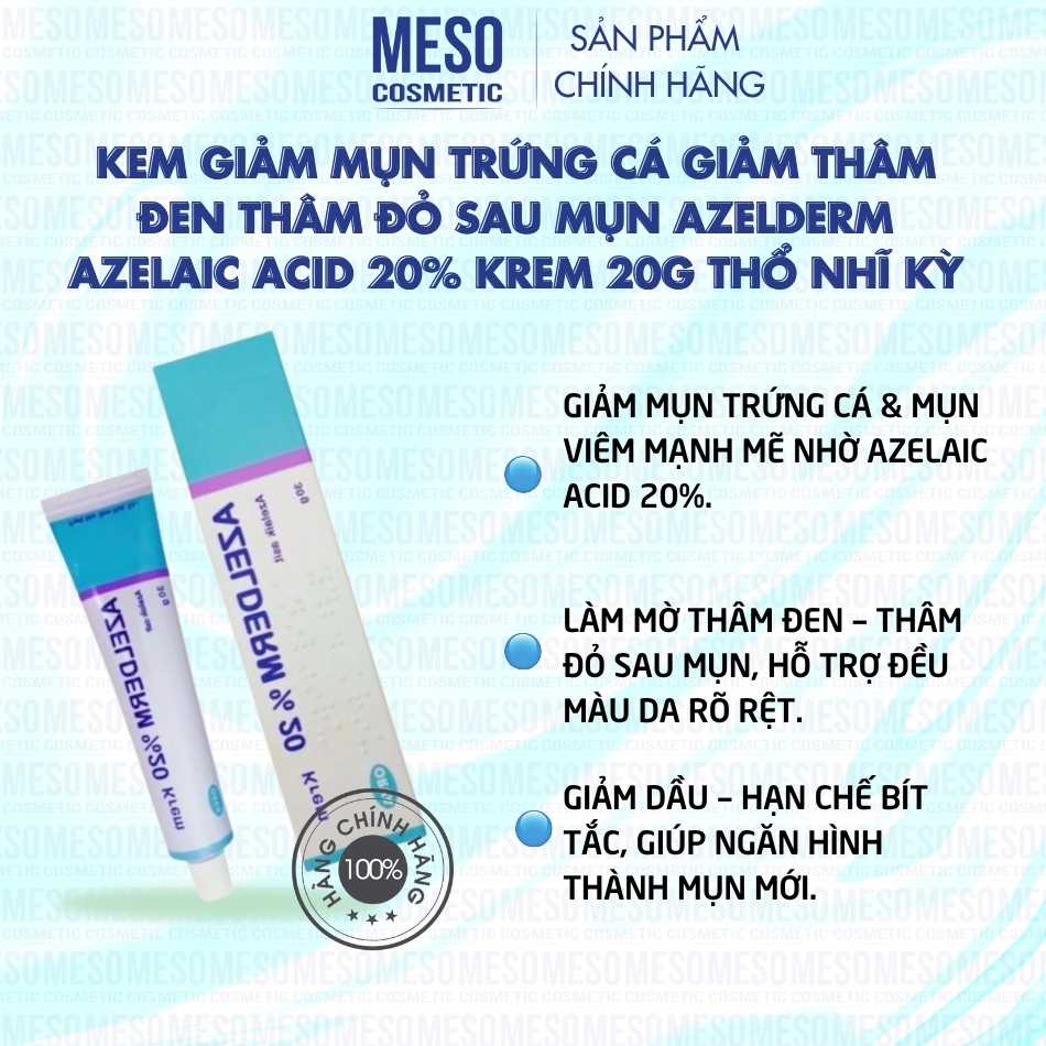 Kem giảm mụn trứng cá giảm thâm đen thâm đỏ sau mụn Azelderm Azelaic acid 20% krem 20g Thổ Nhĩ Kỳ
