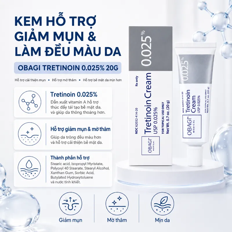 Kem hỗ trợ giảm mụn làm đều màu da Obagi TRETIN0IN 0.025% 20gr